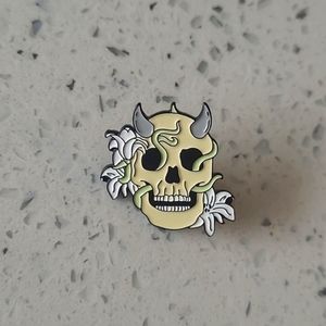 Creepy Skull Skeleton Horned Devil Demon Floral Macabre Lapel Pin